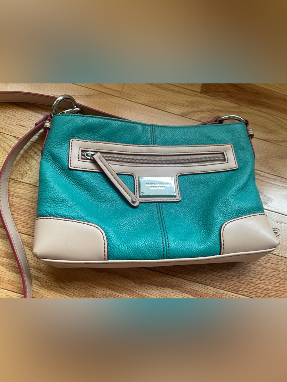 Tignanello Teal and Beige Leather Crossbody Bag